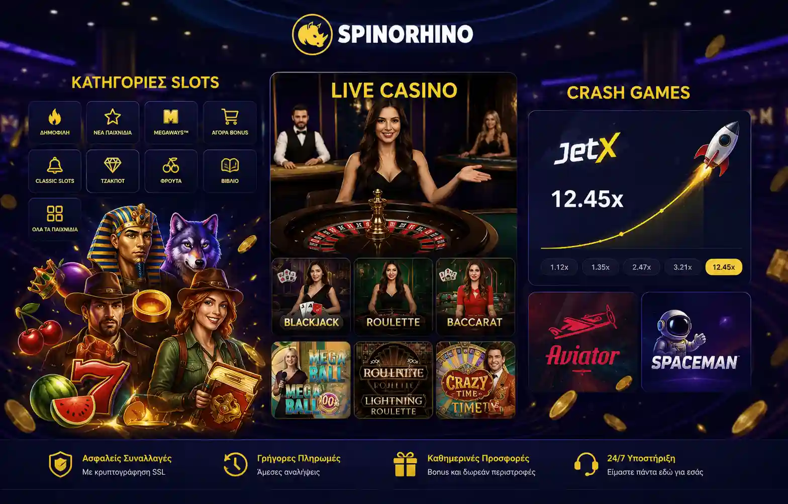 Λόμπι παιχνιδιών Spinorhino με κατηγορίες slots, live casino και crash games