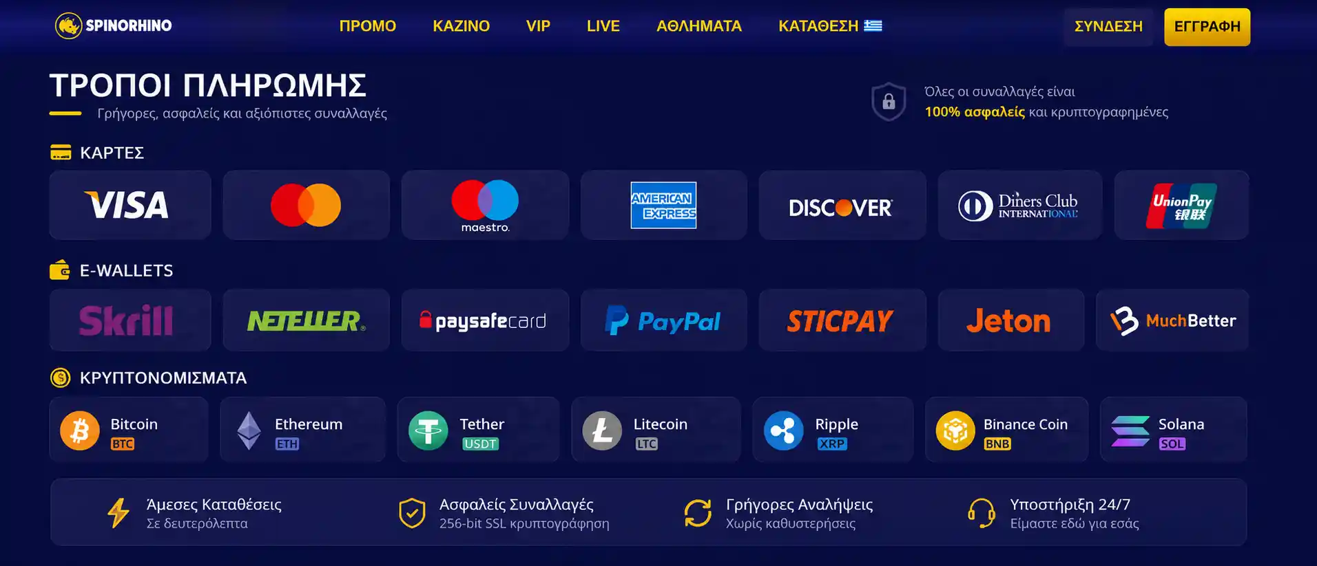 Λογότυπα μεθόδων πληρωμής Spinorhino: Visa, Mastercard, e-wallets και κρυπτονομίσματα